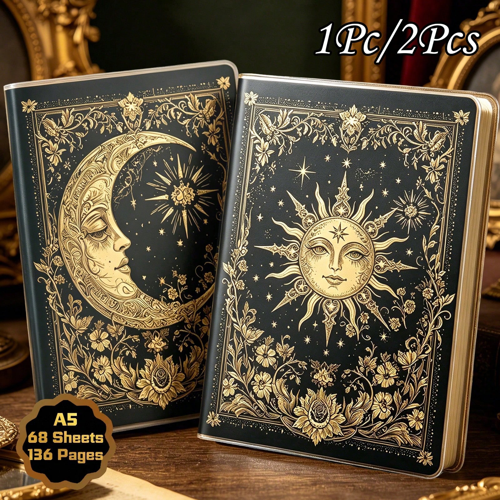 Golden Moon and Golden Sun A5 celestial journal covers